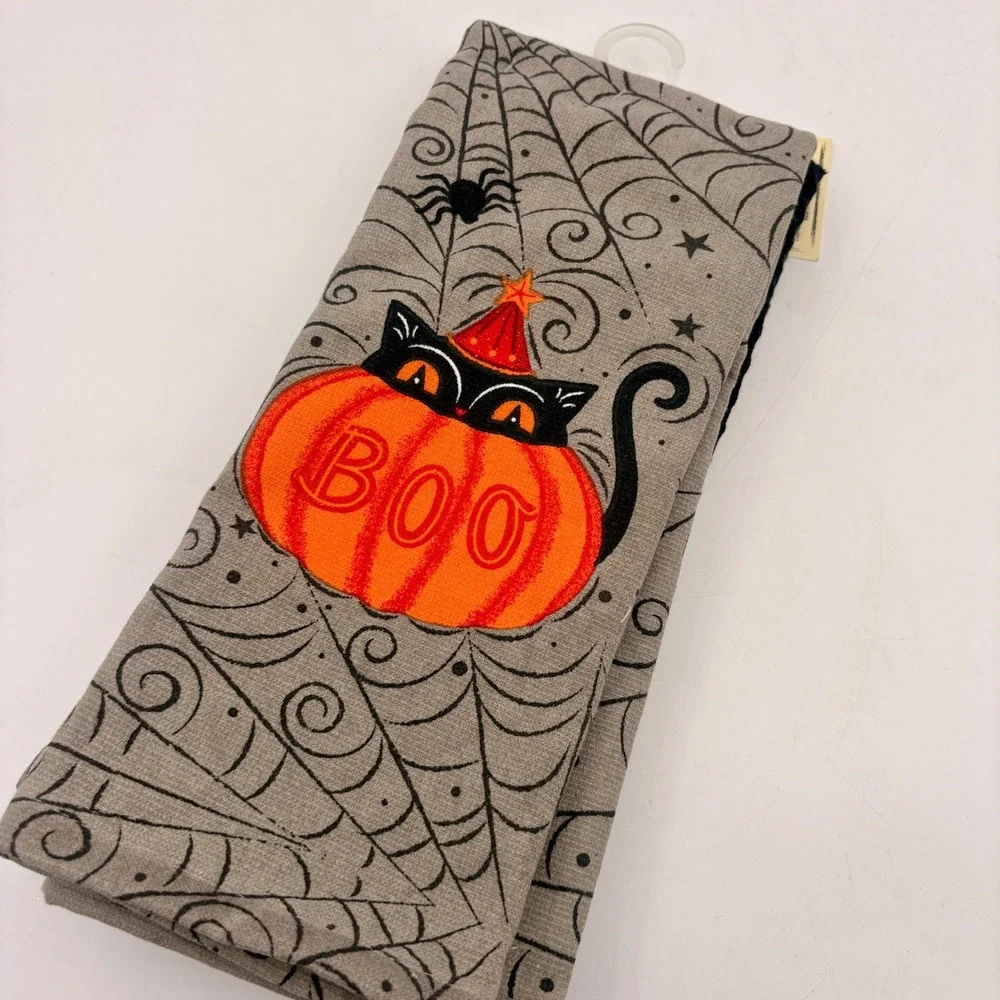 Johanna‎ Parker Halloween Kitchen Towels Set Black Cat Pumpkin Boo Grey Cotton